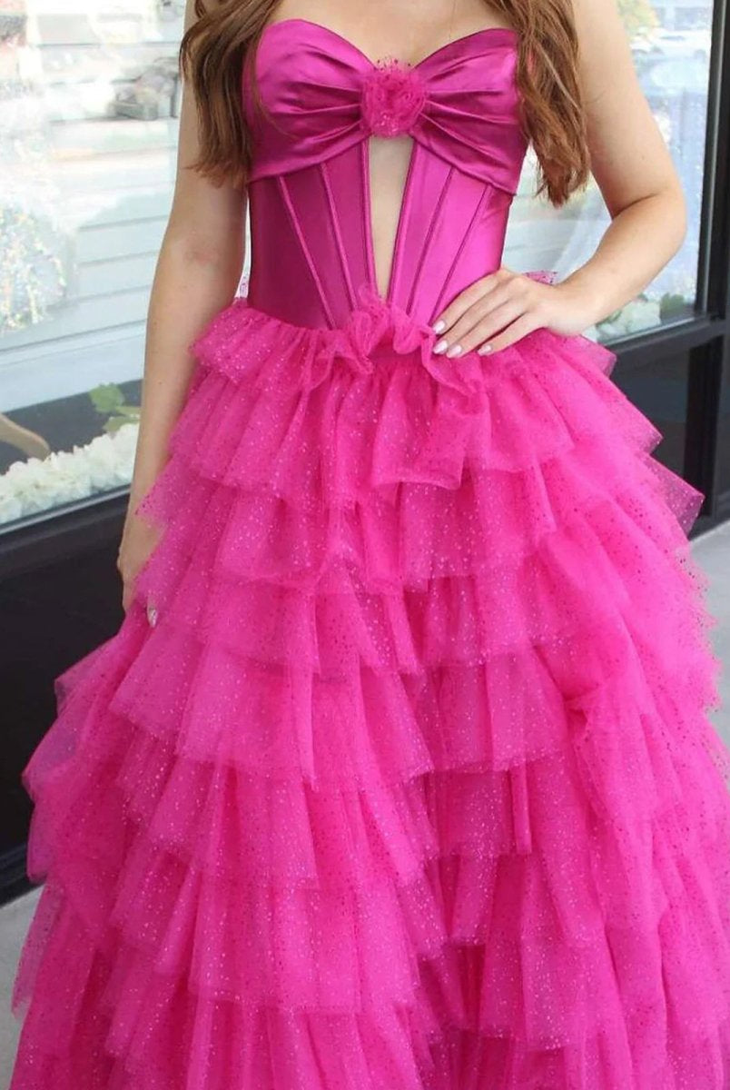 Rozara | Fuchsia A-Line Sweetheart Keyhole Tiered Tulle Long Prom Dresses