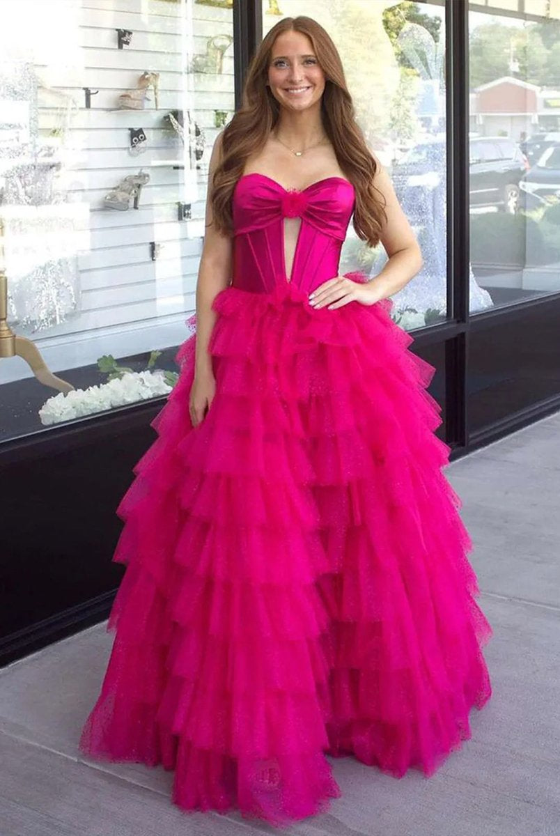 Rozara | Fuchsia A-Line Sweetheart Keyhole Tiered Tulle Long Prom Dresses