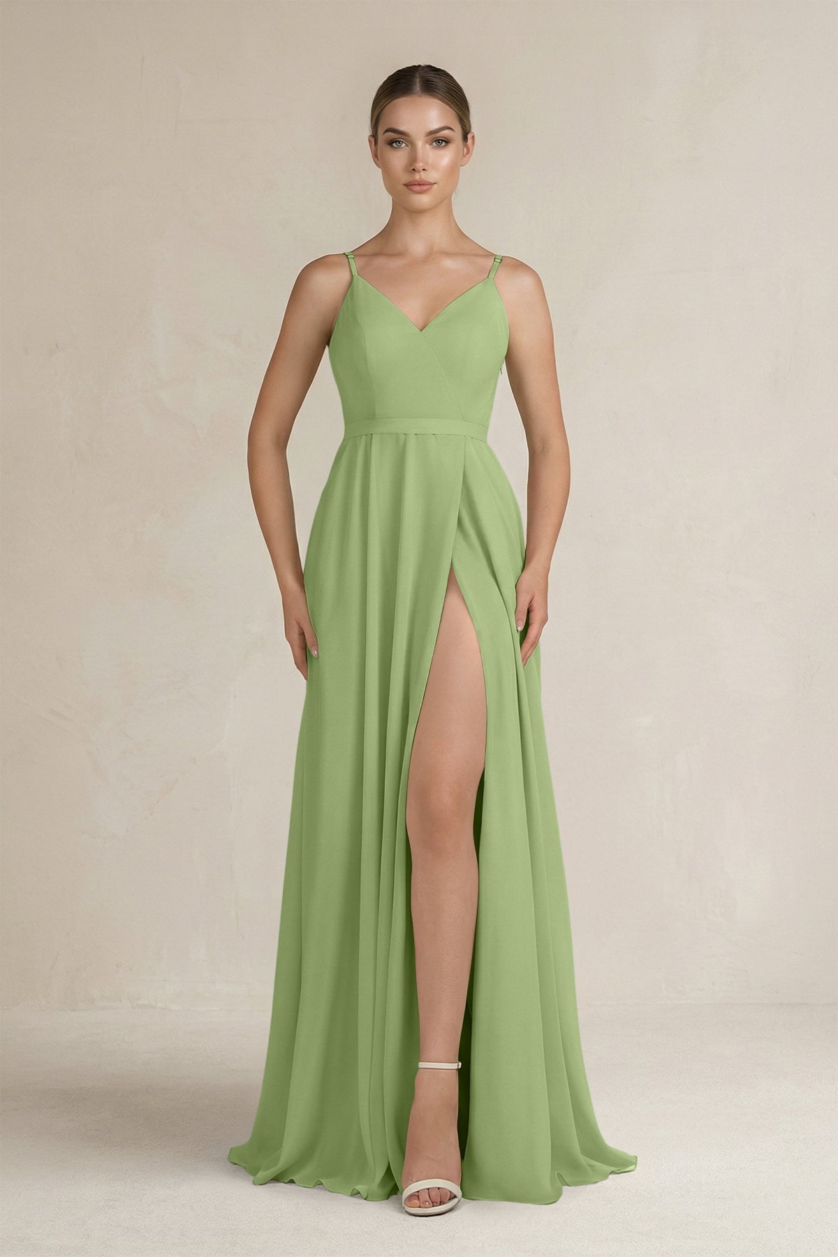 matcha green bridesmaid dresses A Line Spaghetti Straps Satin Long Dress with Lace Up Back Set against the lush greenery of a romantic morning garden Azazie Norah