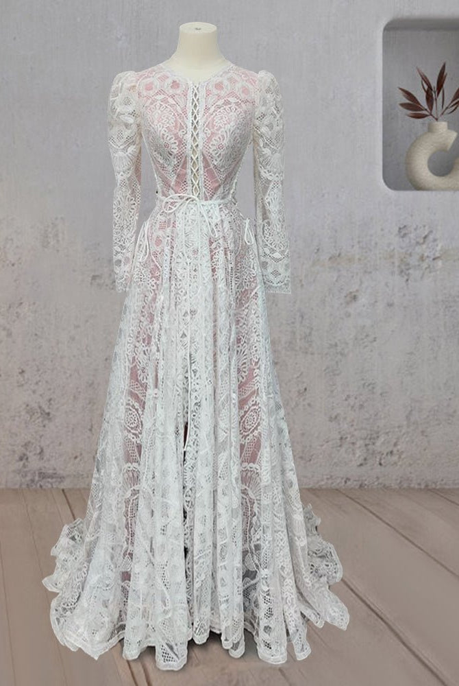 Ruched Bohemian Lace Round Neck Wedding Dress