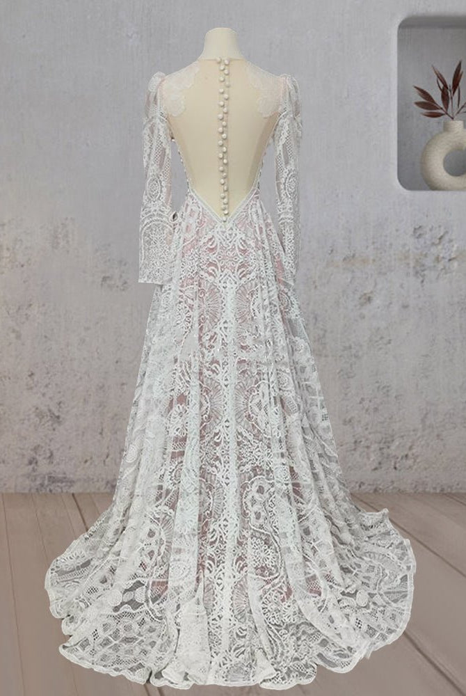 Ruched Bohemian Lace Round Neck Wedding Dress