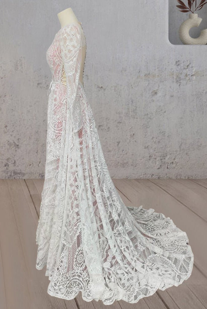 Ruched Bohemian Lace Round Neck Wedding Dress