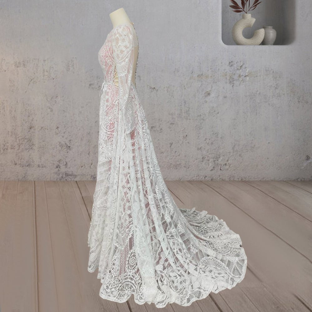 Ruched Bohemian Lace Round Neck Wedding Dress