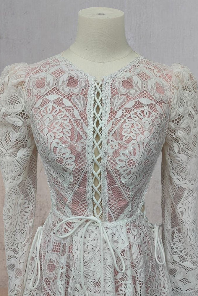 Ruched Bohemian Lace Round Neck Wedding Dress