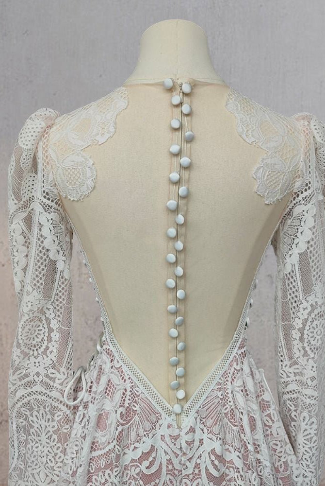 Ruched Bohemian Lace Round Neck Wedding Dress