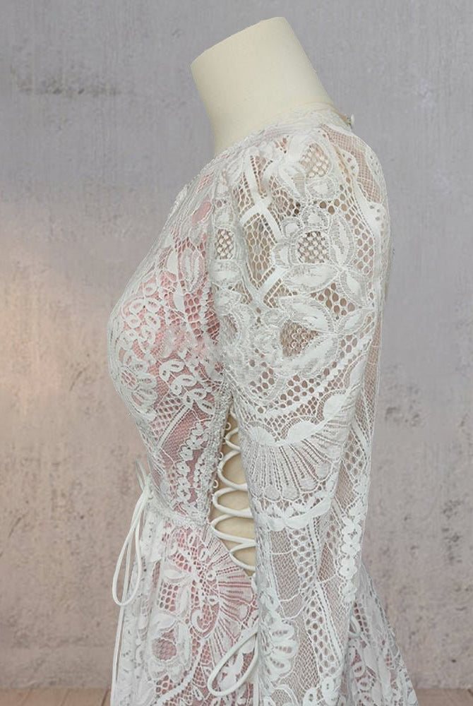 Ruched Bohemian Lace Round Neck Wedding Dress