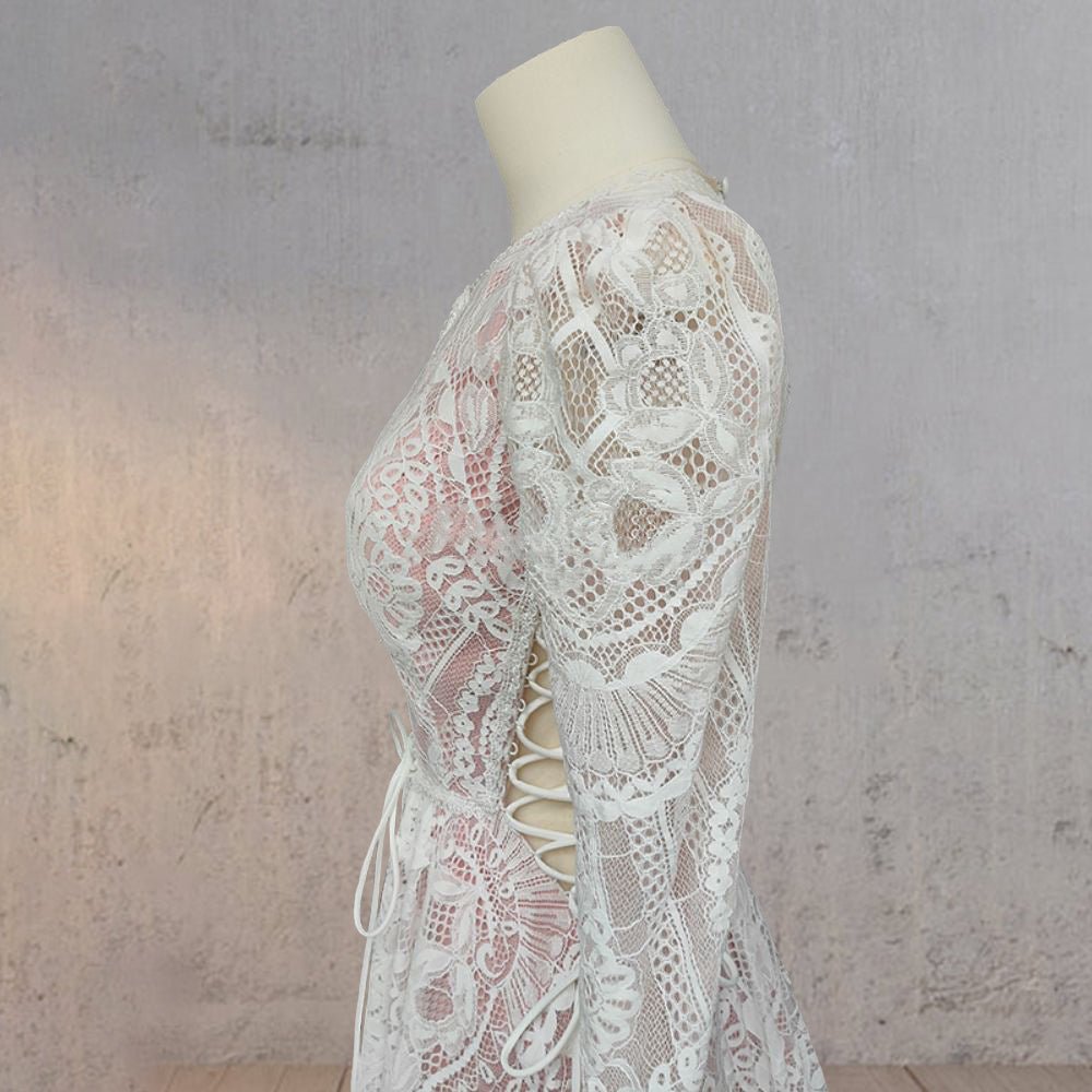 Ruched Bohemian Lace Round Neck Wedding Dress