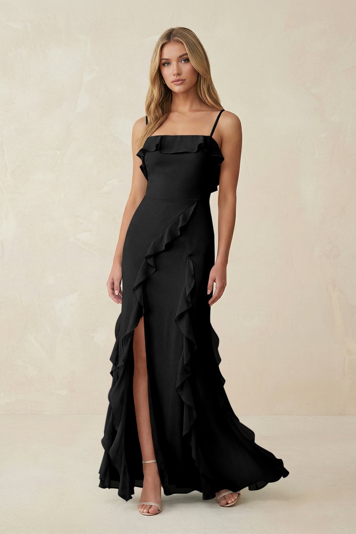 Ruffled Cami Strap Chiffon Sheath Bridesmaid Dress in Black, Black / 16