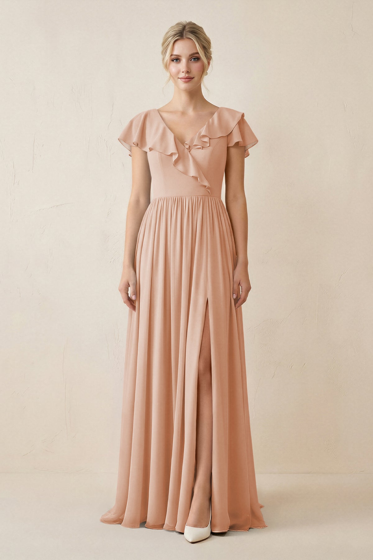 Cap Sleeve A-Line Ruffled Chiffon Bridesmaid Dress in Champagne Rose, Champagne Rose / 18