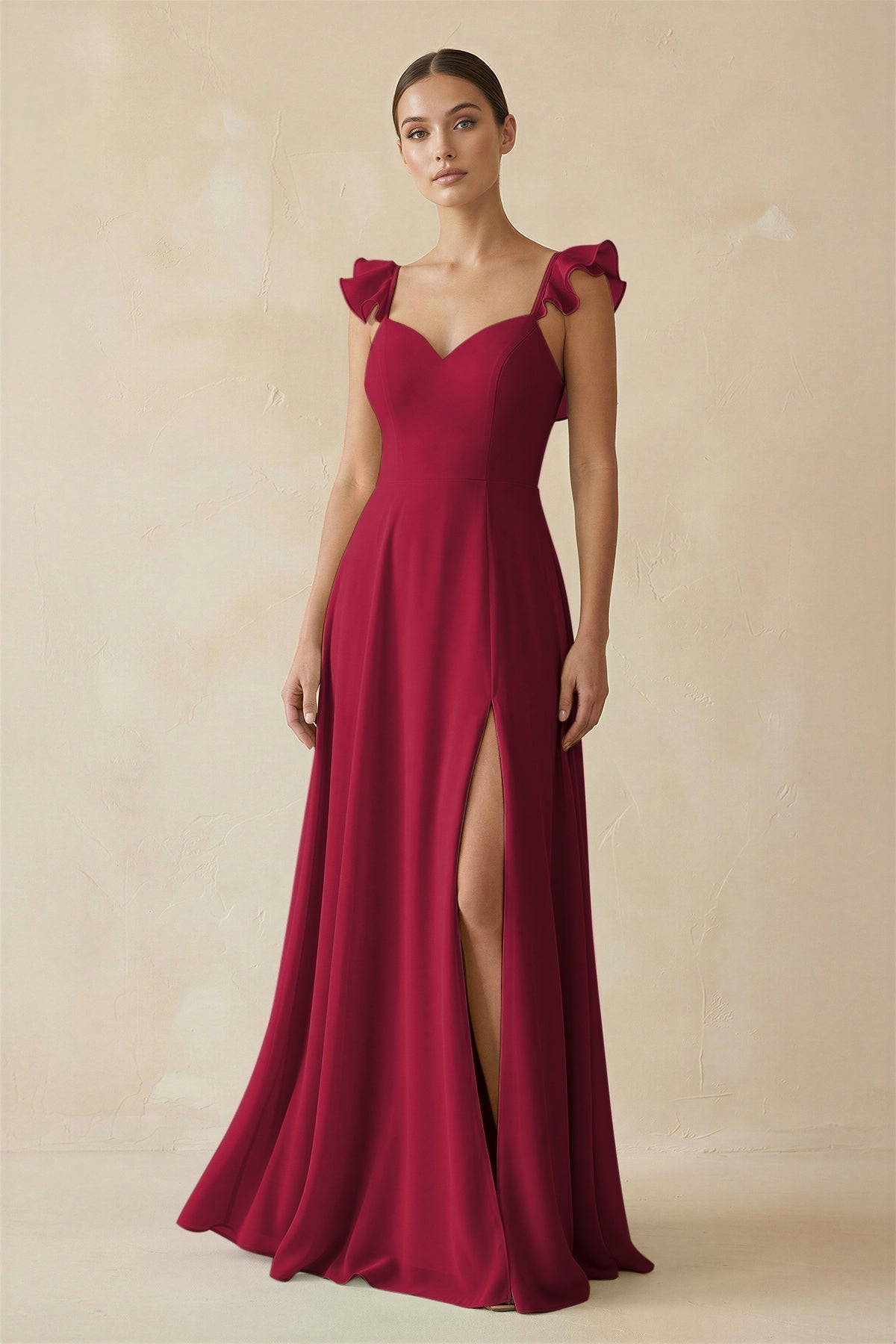 Ruffled Chiffon A-Line Long Bridesmaid Dress in Berry, Berry / 4
