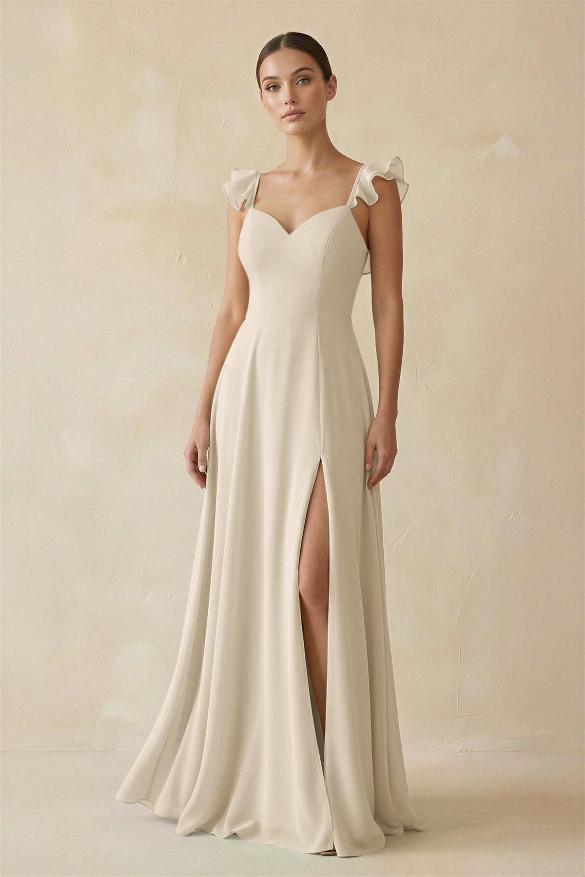 KissProm Ruffled Chiffon A-Line Long Bridesmaid Dress in Champagne, Champagne / 16