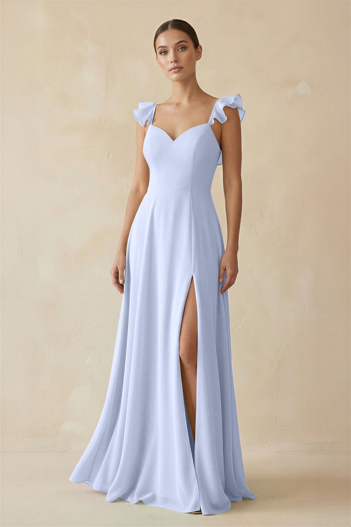icy blue light blue bridesmaid dresses KissProm Ruffled Chiffon A-Line Long Dress in Ice, Ice / 0 inventory_low Neck charm Murci - Lace Mini Color:Golden