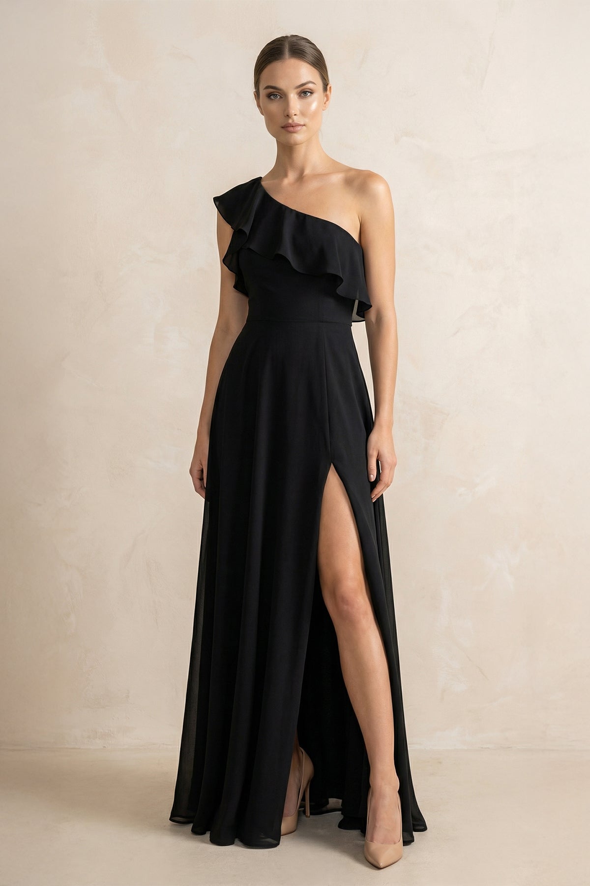long black one shoulder bridesmaid dresses Sexy High Neck Black Satin One Shoulder Long Bridesmaid Dresses , BN1104 main image 0