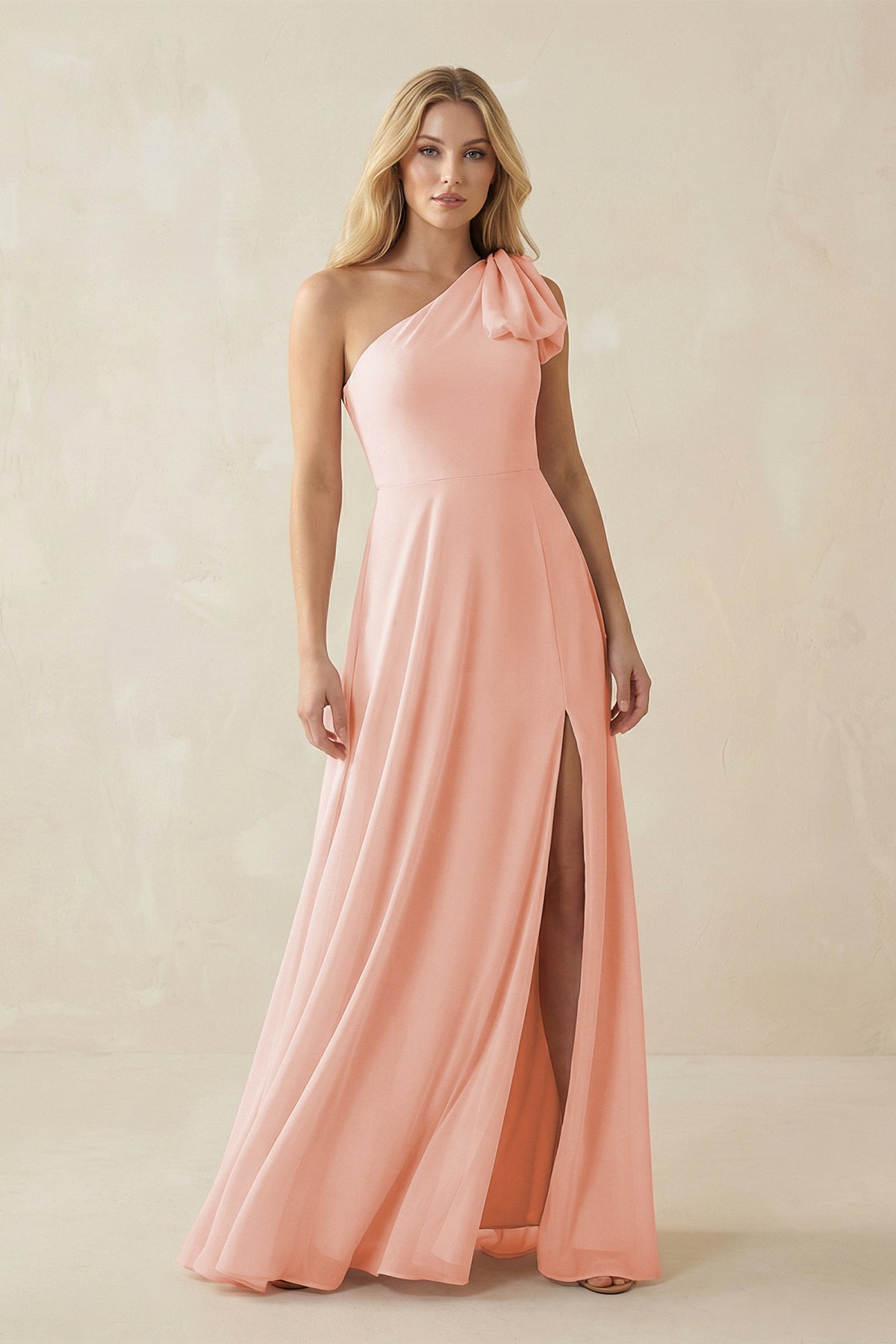KissProm Ruffled One Shoulder Chiffon Bridesmaid Dress With Slit in Rose Petal, Rose Petal / 0