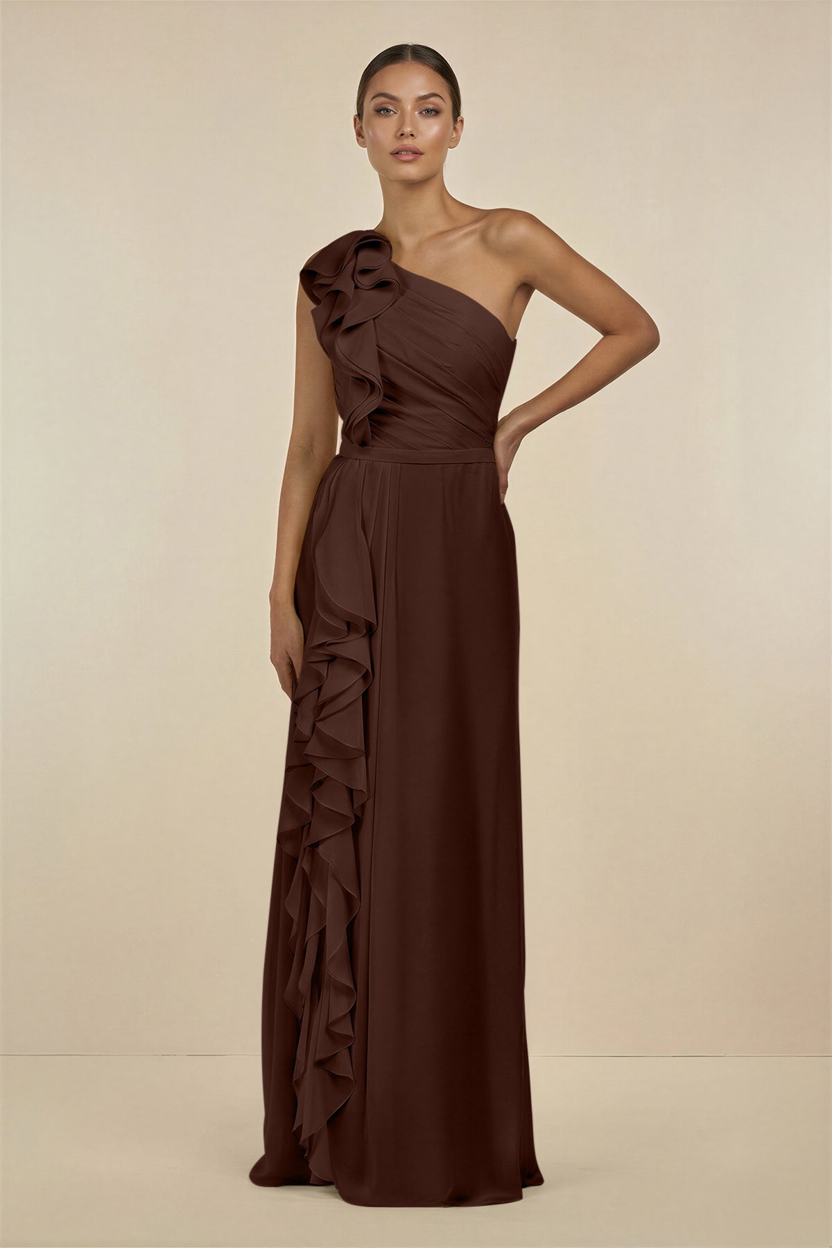 KissProm Ruffled One-Shoulder Pleated Sheath Bridesmaid Dress in Espresso, Espresso / 12