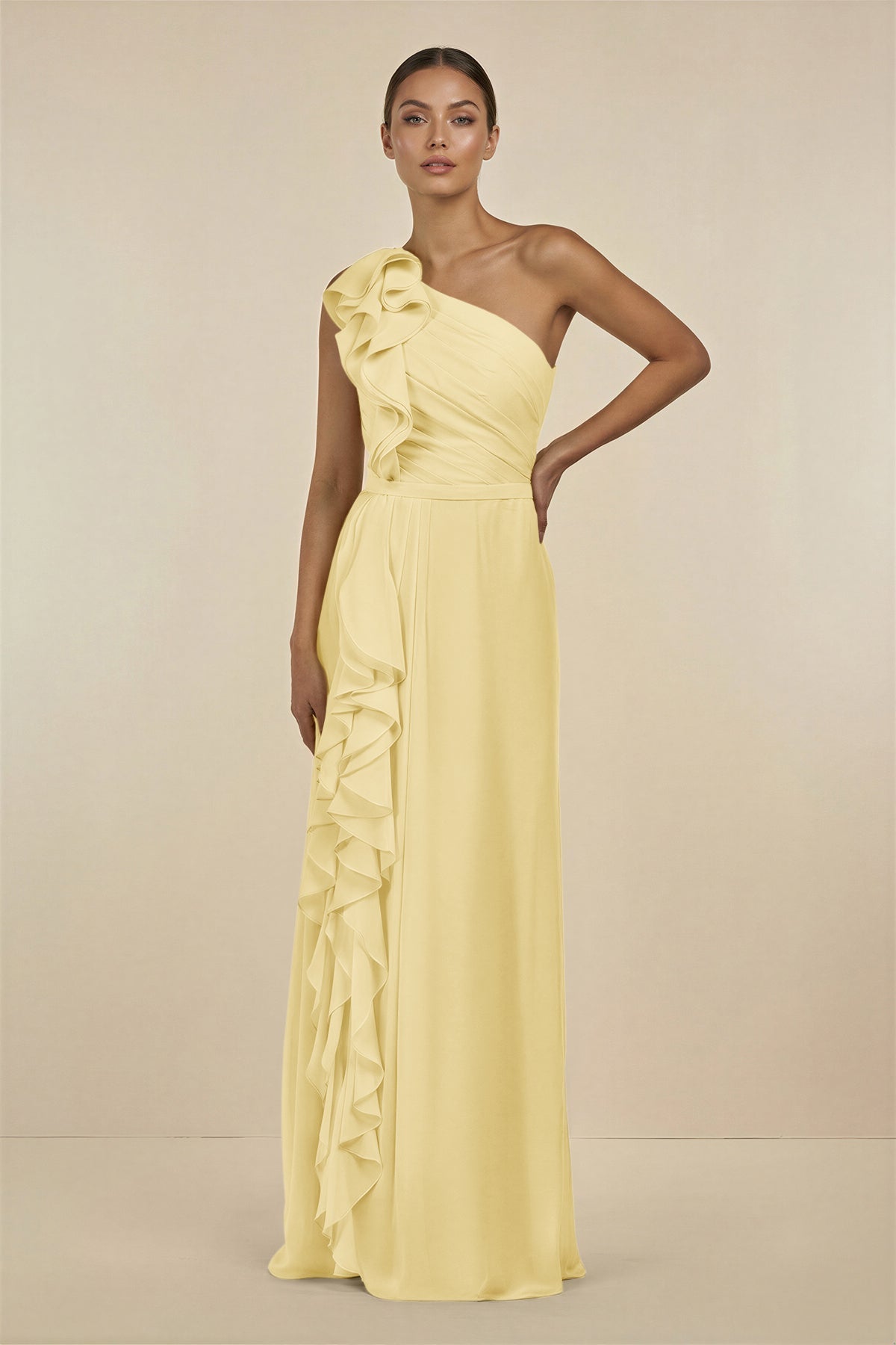 yellow bridesmaid dresses one shoulder KissProm Ruffled One-Shoulder Pleated Sheath Dress in Pastel Yellow, Pastel / 12 giving the gown an
