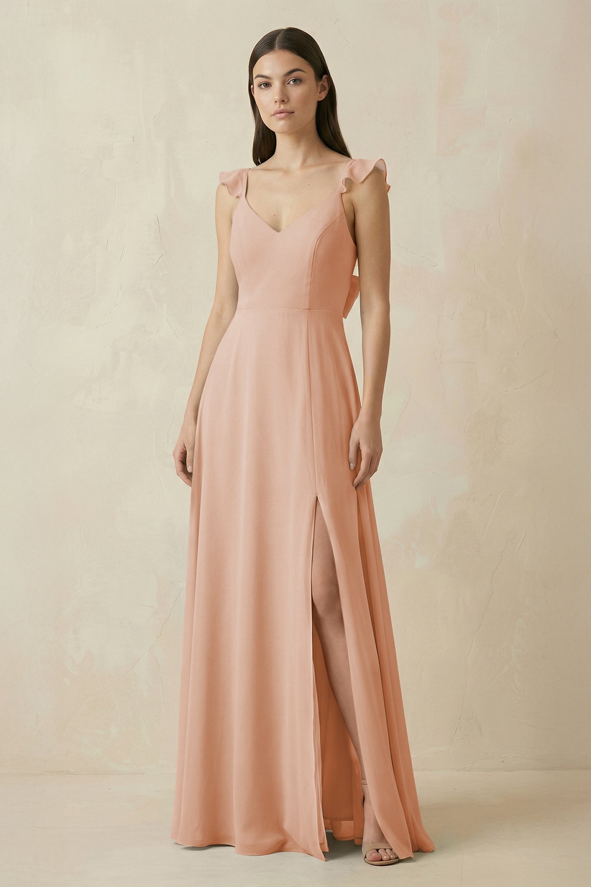 Ruffled Sleeve A-Line Chiffon Bridesmaid Dress in Champagne Rose, Champagne Rose / 12