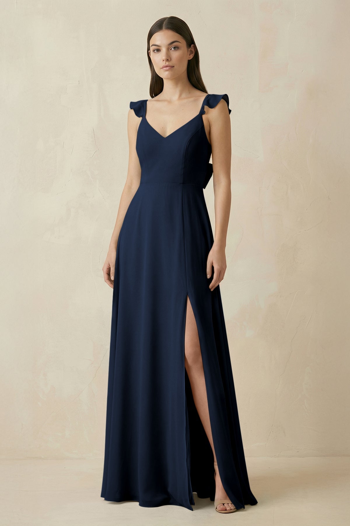 KissProm Ruffled Sleeve A-Line Chiffon Bridesmaid Dress in Dark Navy, Dark Navy / 12