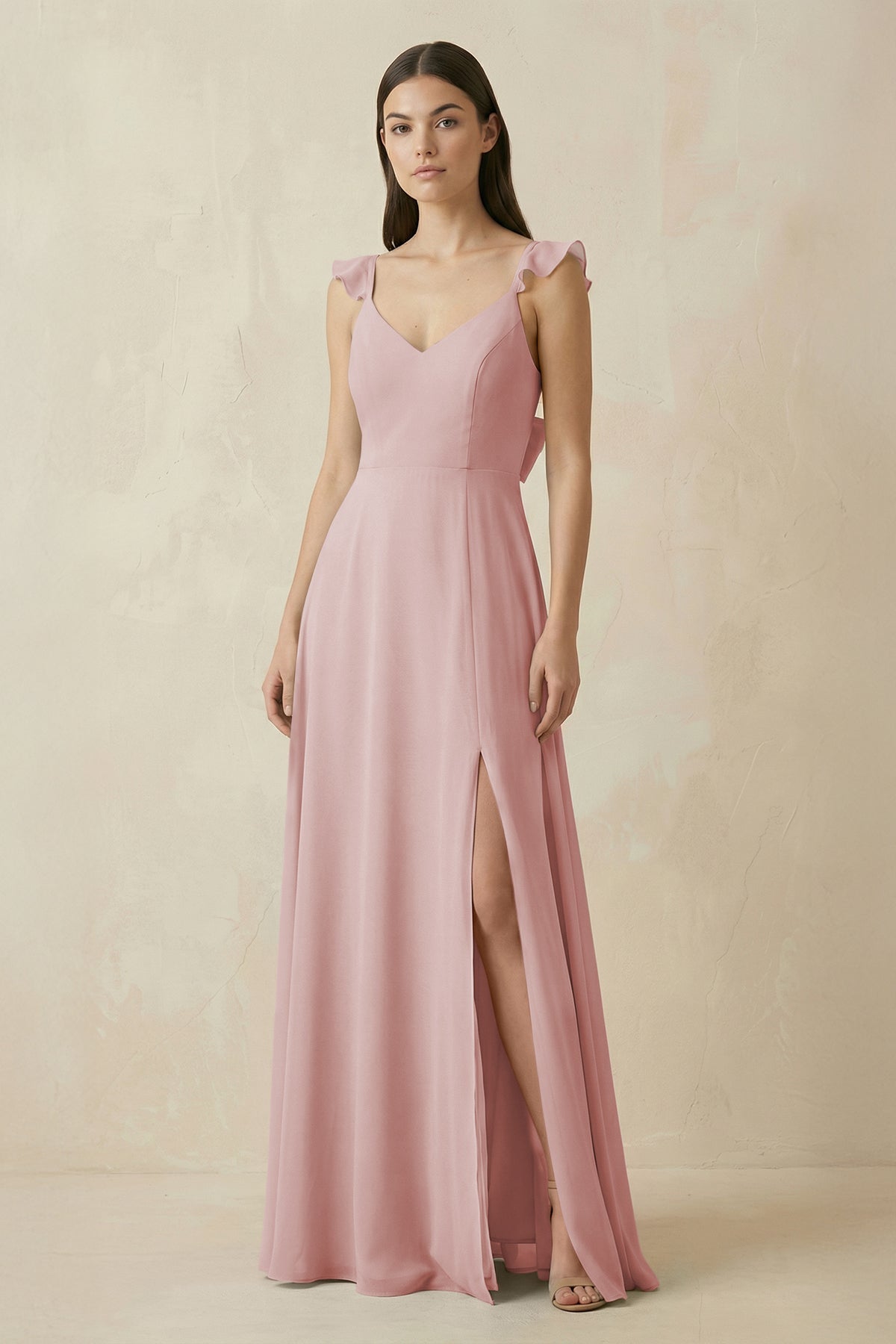 women's dusty rose bridesmaid dresses KissProm Ruffled Sleeve A-Line Chiffon Dress in Rose, Dusty / 14 Designed to flatter and Size:Large (10/12) Dress Gloves Satin - on_sale::true