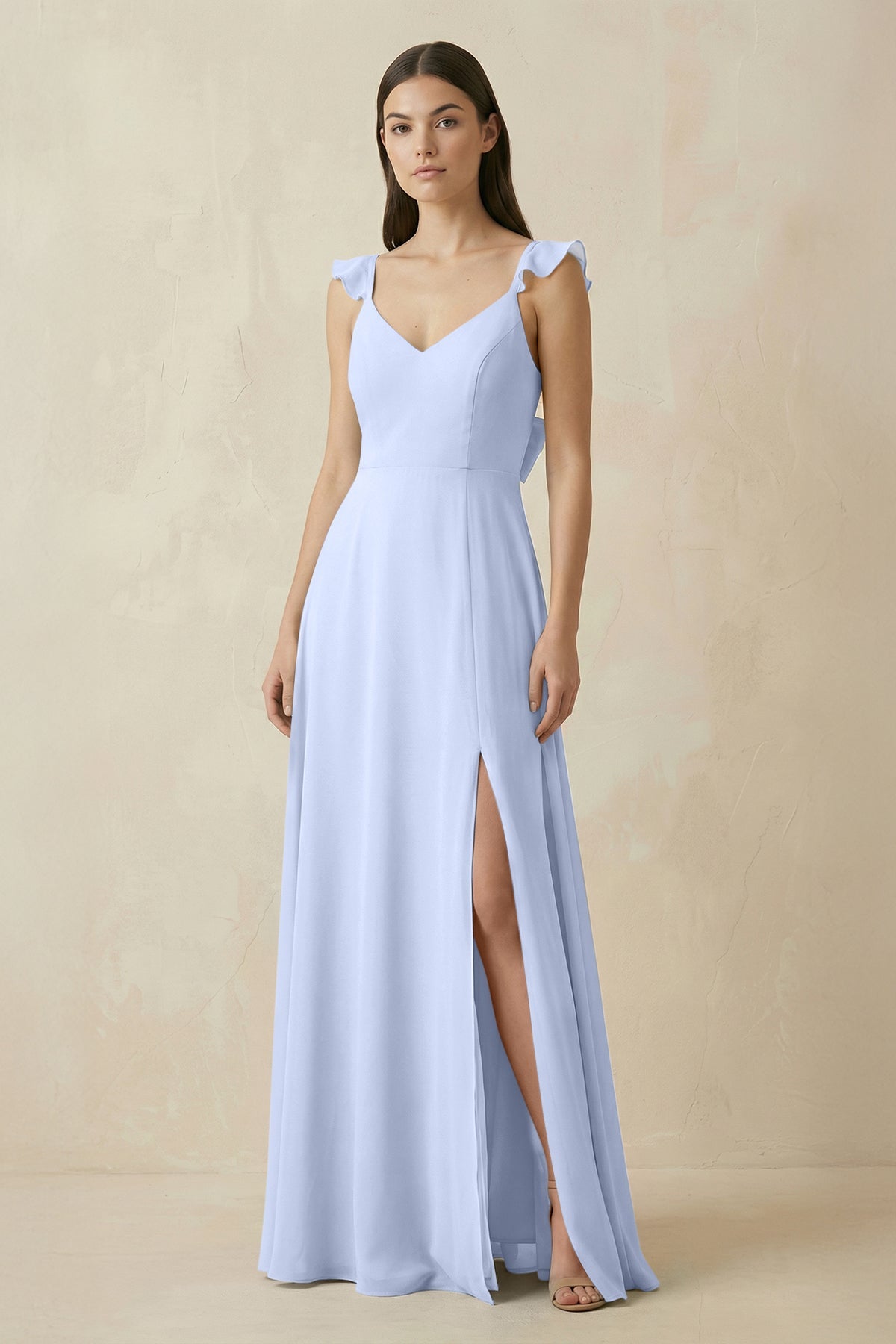 KissProm Ruffled Sleeve A-Line Chiffon Bridesmaid Dress in Ice, Ice / 30