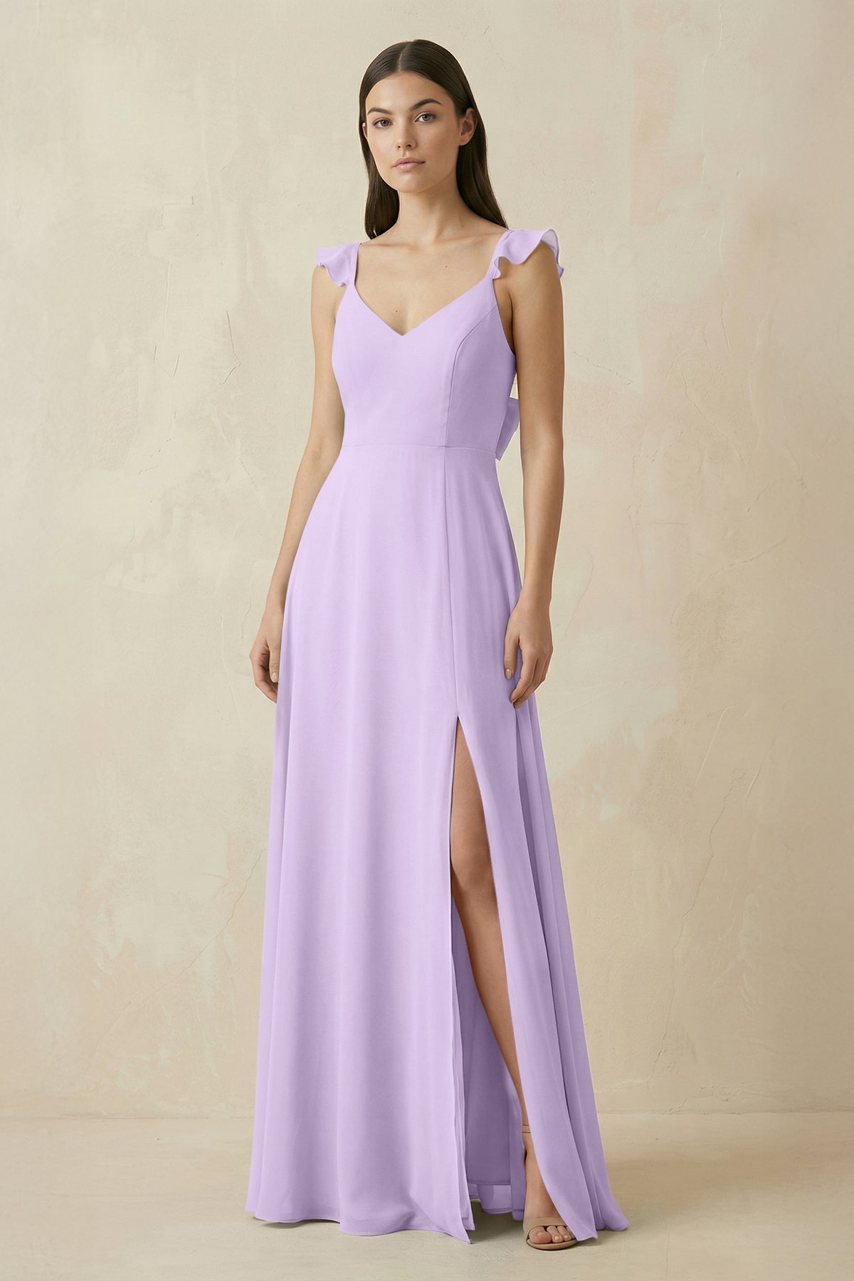 KissProm | Ruffled Sleeve A-Line Chiffon Bridesmaid Dress in Lavender KissProm | Ruffled Sleeve A-Line Chiffon Bridesmaid Dress in Lavender