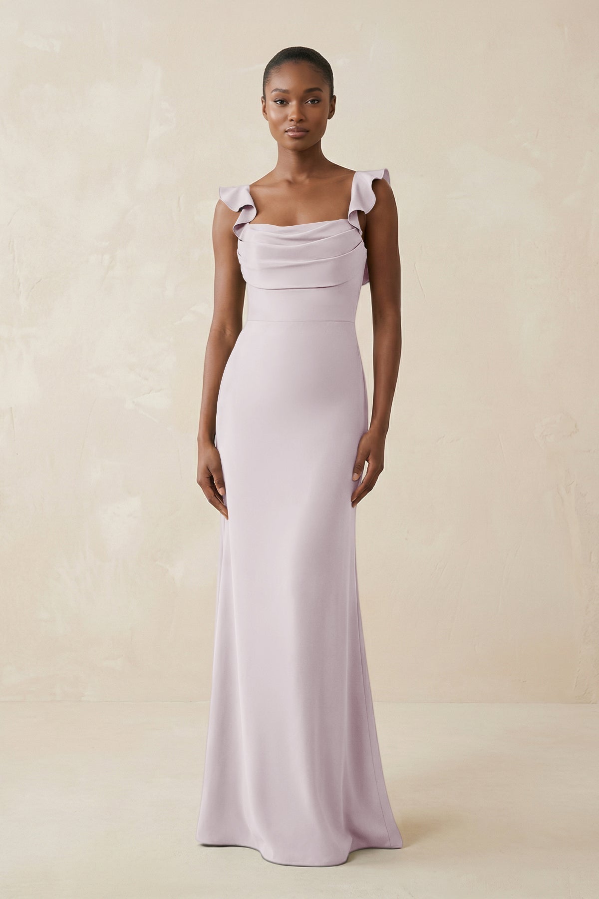 KissProm Ruffled Sleeve Sheath Satin Bridesmaid Dress in Dusk, Dusk / 12