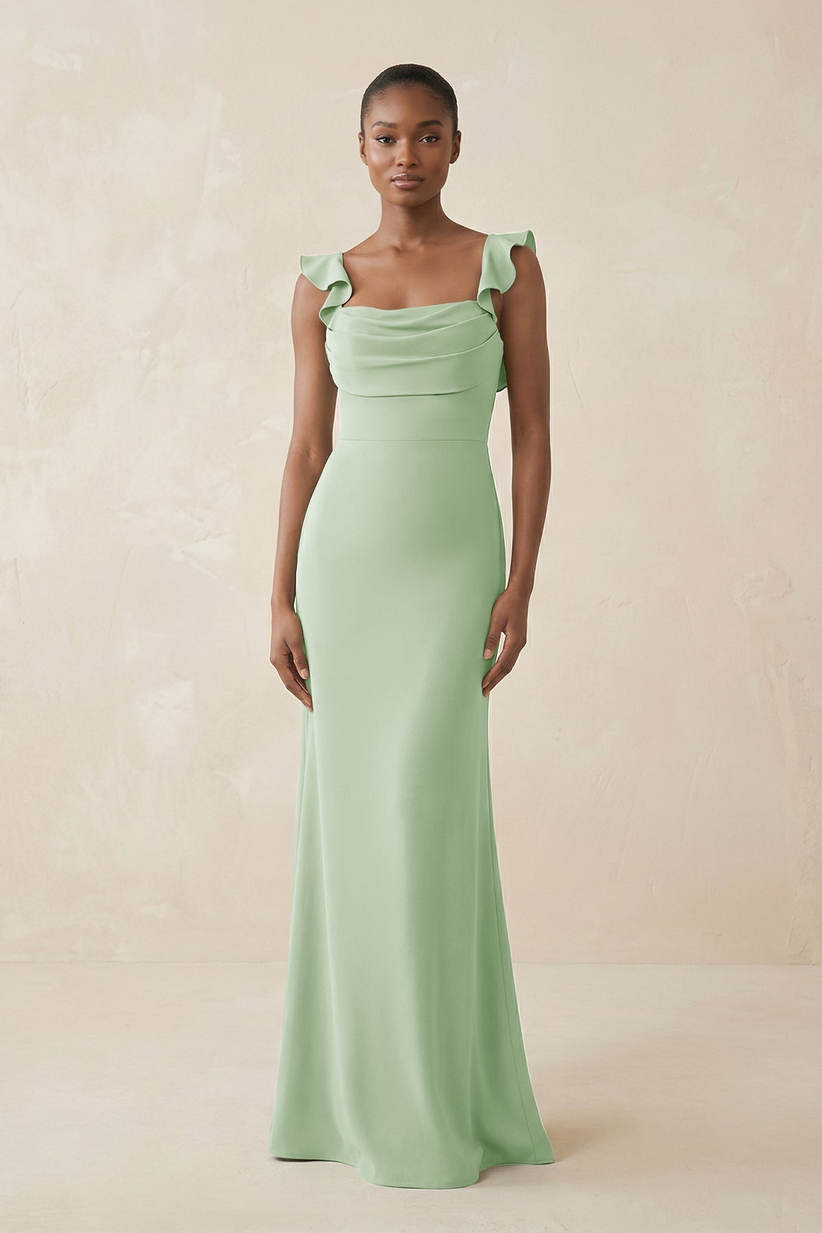 satin sage bridesmaid dress Ruffled Sleeve Sheath Satin Bridesmaid Dress in Sage, Sage / 16