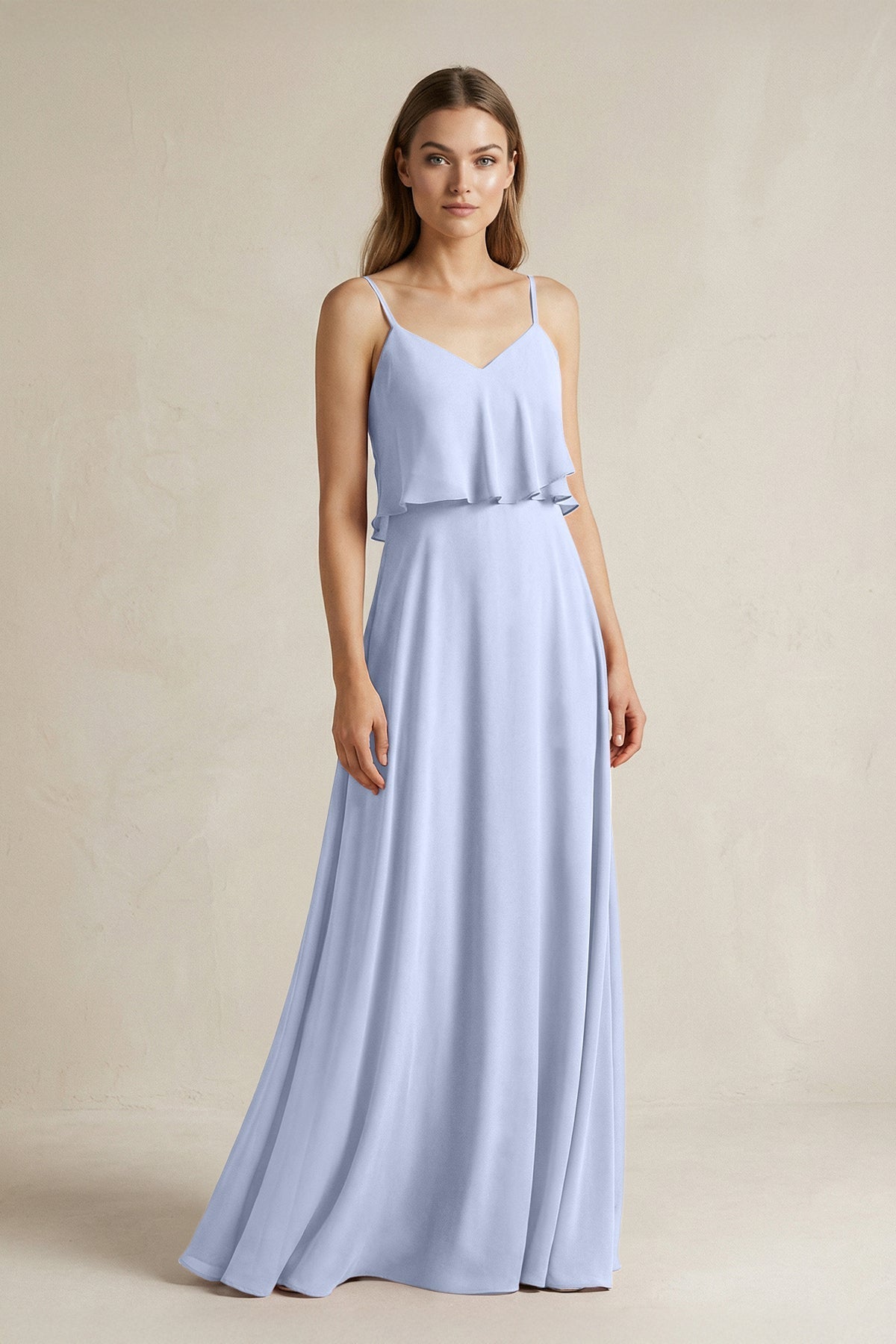 Ruffled Spaghetti Strap A-Line Chiffon Bridesmaid Dress in Ice, Ice / 20