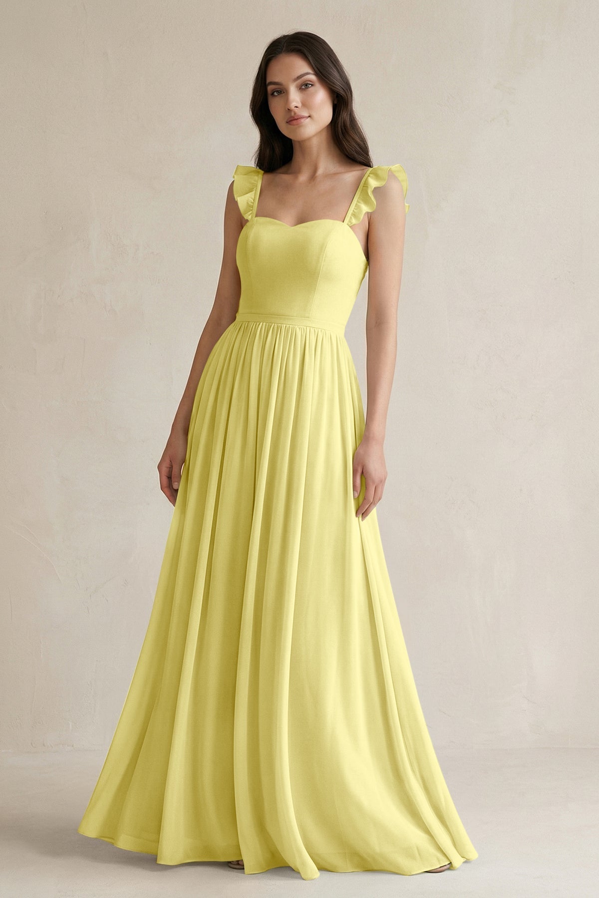 KissProm Ruffled Spaghetti Strap Chiffon A-Line Bridesmaid Dress in Buttercup, Buttercup / 26