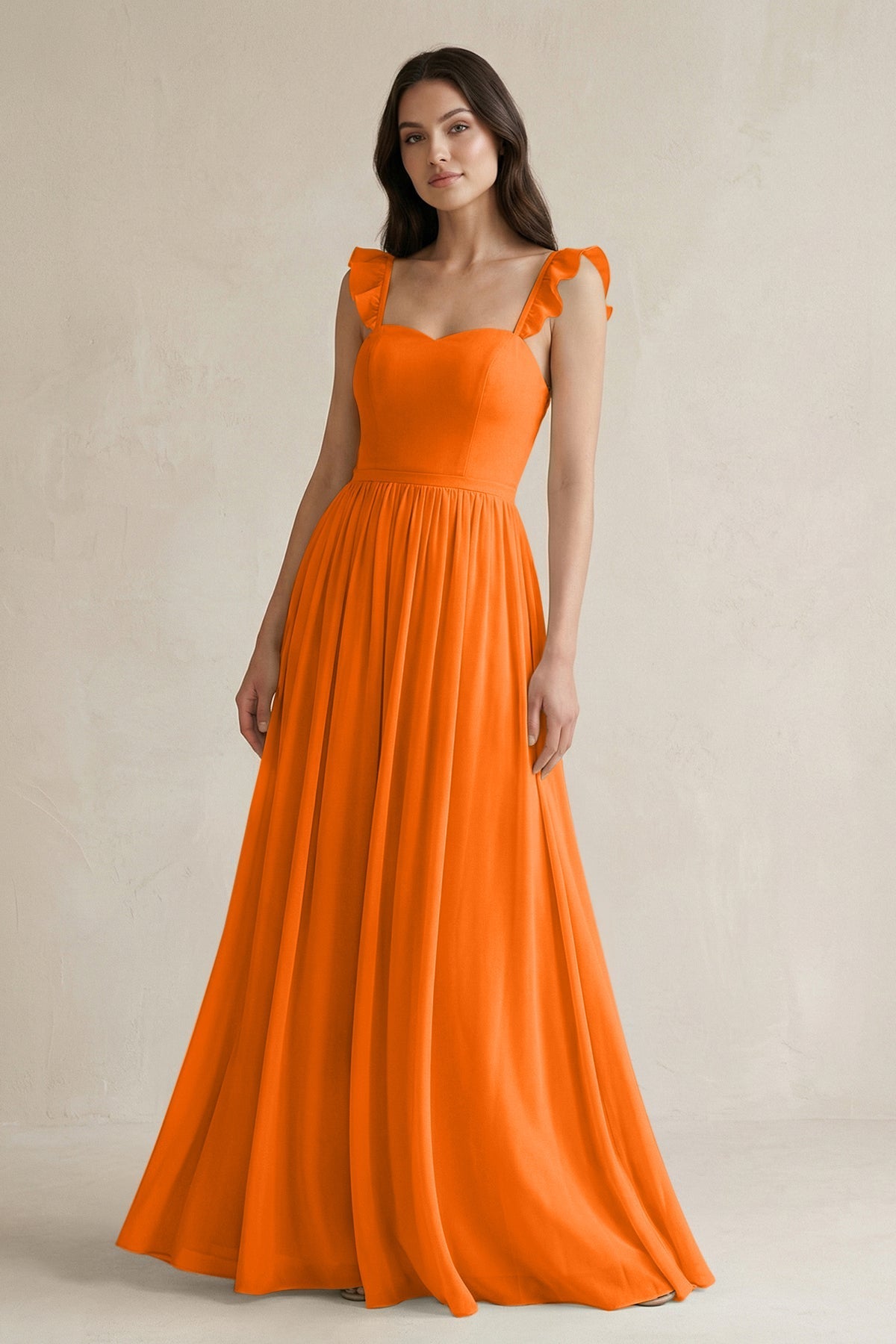 KissProm Ruffled Spaghetti Strap Chiffon A-Line Bridesmaid Dress in Cinnamon, Cinnamon / 26