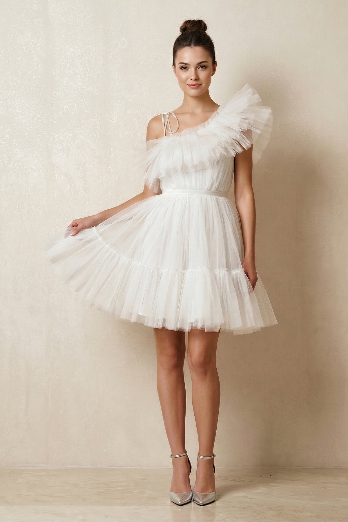 Ruffled Tulle A-Line One-Shoulder Mini Wedding Dress in Ivory, Ivory / 8 Ruffled Tulle A-Line One-Shoulder Mini Wedding Dress in Ivory, Ivory / 8