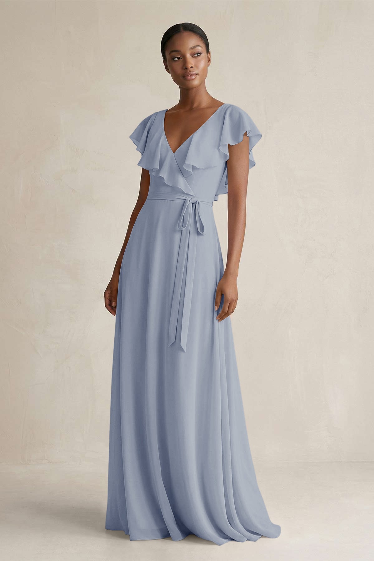 KissProm | V-Neck Ruffled Sleeve A-Line Chiffon Bridesmaid Dress in Twilight