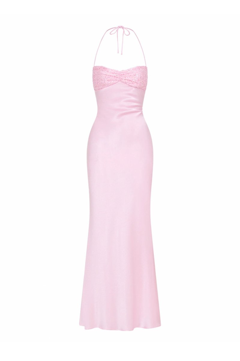 Jesamine | Pink - Halter Sheath Satin Long Prom Dresses With Sequins - KissProm