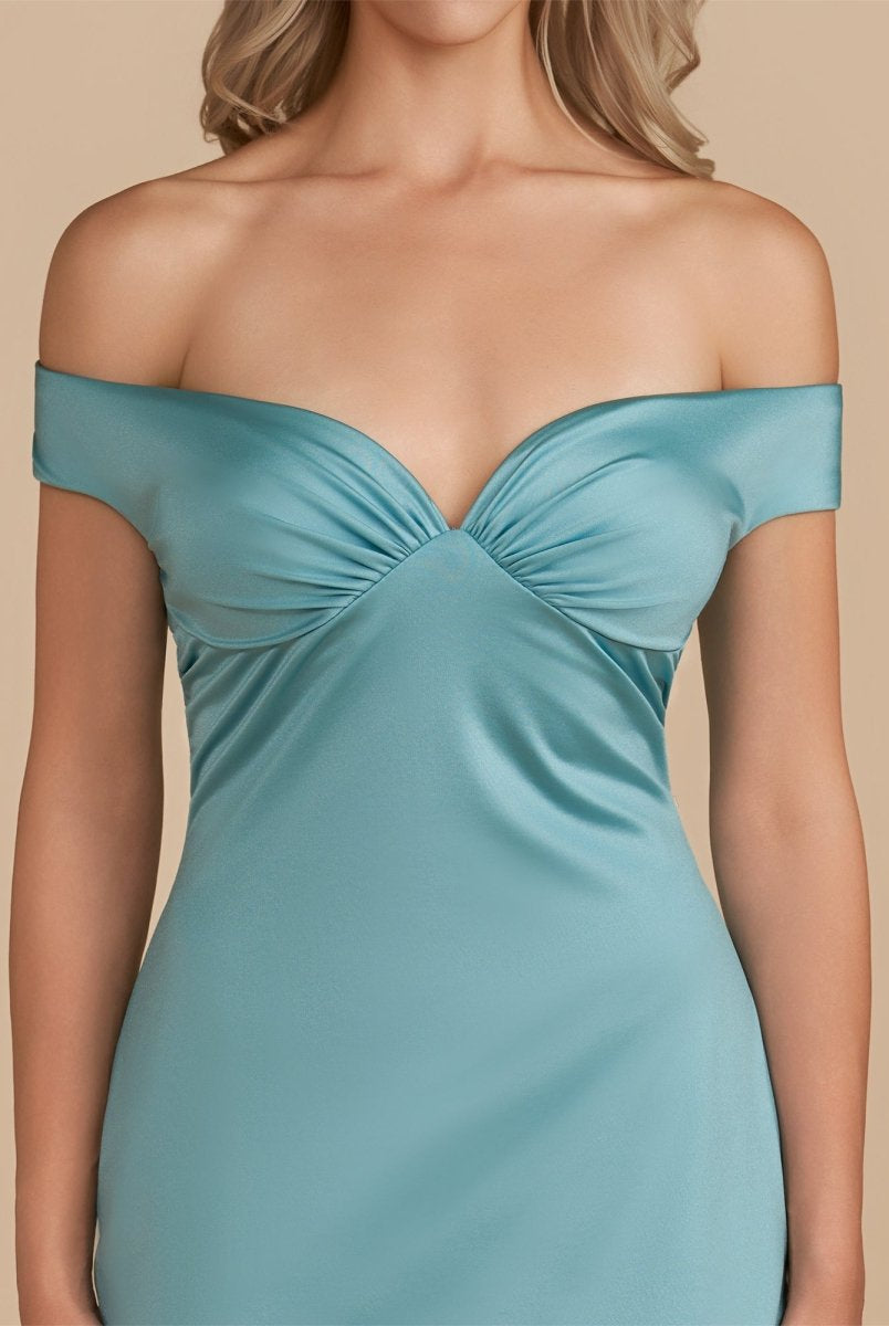 Ryna | Turquoise - Bodycon Off the Shoulder Satin Short Homecoming Dresses
