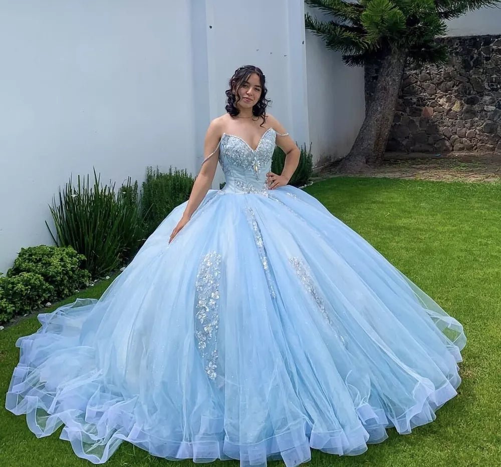 Sky Blue Quinceanera Dresses Off the Shoulder Beaded Lace Appliques - KissProm