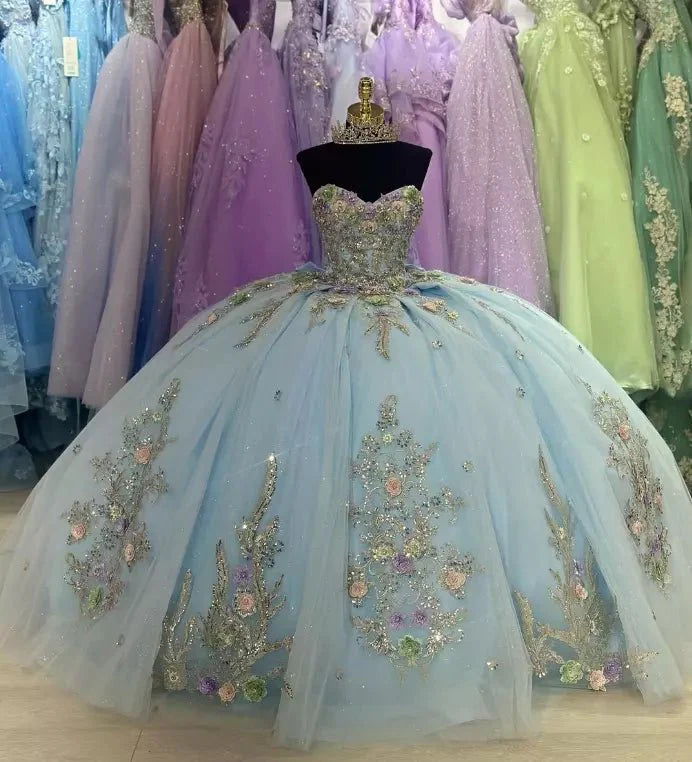 Puffy Ball Dress Blue Ruffled Tulle Prom Dresses Sweetheart Ball Gown Quinceanera Dresses main image 0