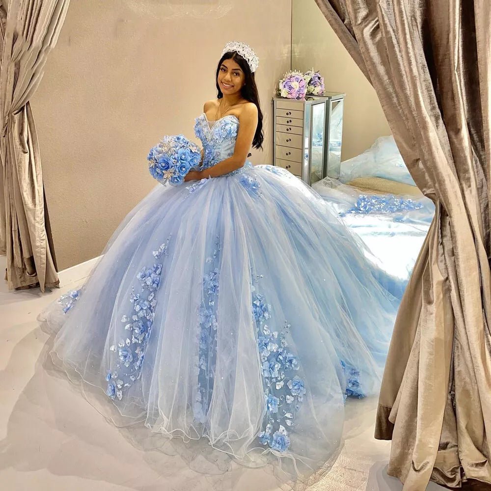 Sky Blue Tulle Ball-Gown Strapless Sleeveless Quinceanera Dresses