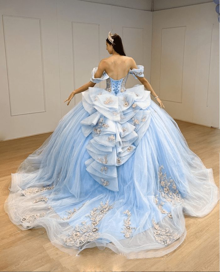 Sky Blue Tulle Off-the-Shoulder Quinceanera Dresses with Bows