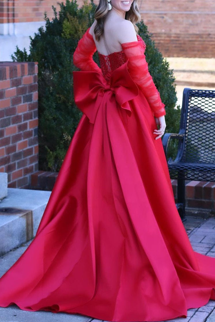 Sabriel | Red Sweetheart Satin Beaded Long Prom Dress With Split - KissProm