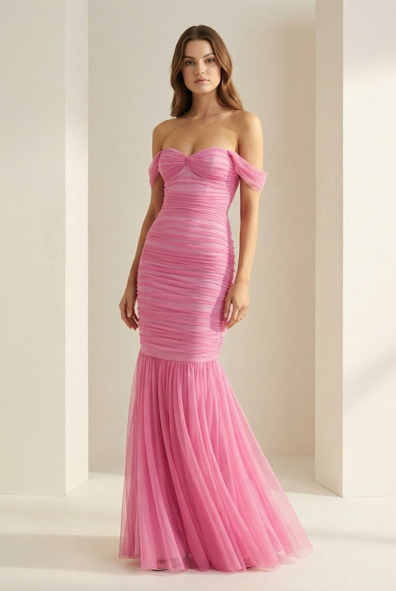 Sadia | Off Shoulder Pink Ruched Long Prom Dress with Ruffle Hem - KissProm
