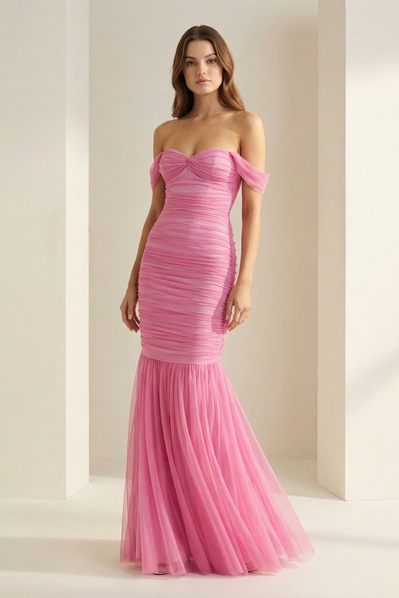 Sadia | Off Shoulder Pink Ruched Long Prom Dress with Ruffle Hem - KissProm