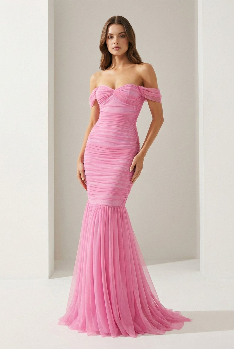 Sadia | Off Shoulder Pink Ruched Long Prom Dress with Ruffle Hem - KissProm