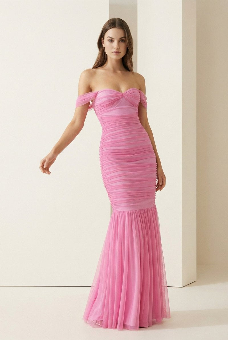 Sadia | Off Shoulder Pink Ruched Long Prom Dress with Ruffle Hem - KissProm