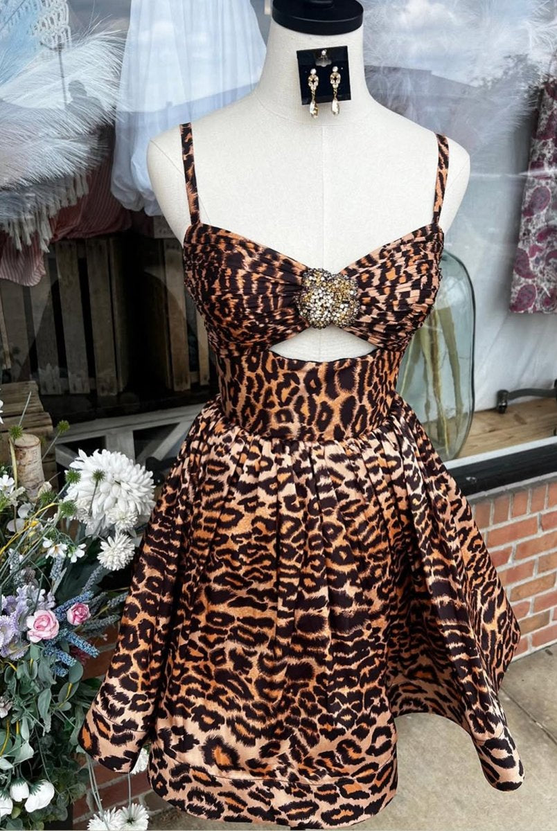 Saela | Leopard - A Line Spaghetti Straps Satin Short Homecoming Dress With Beadings