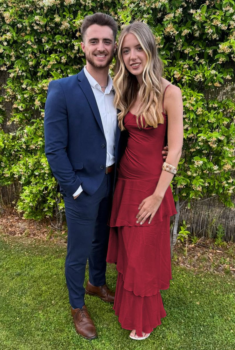 Saevy | Yellow - Spaghetti Straps Chiffon Sheath Long Formal Prom Dresses With Ruffles - KissProm