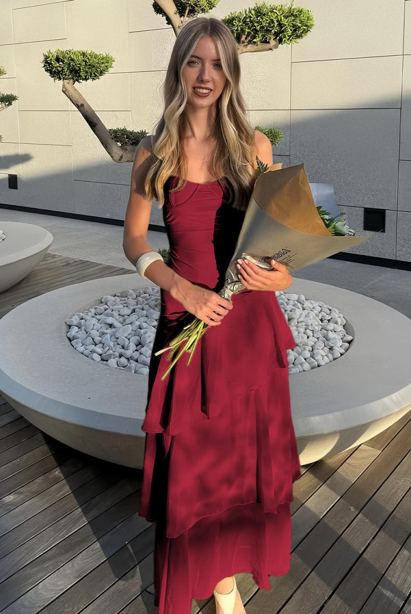 Saevy | Yellow - Spaghetti Straps Chiffon Sheath Long Formal Prom Dresses With Ruffles - KissProm