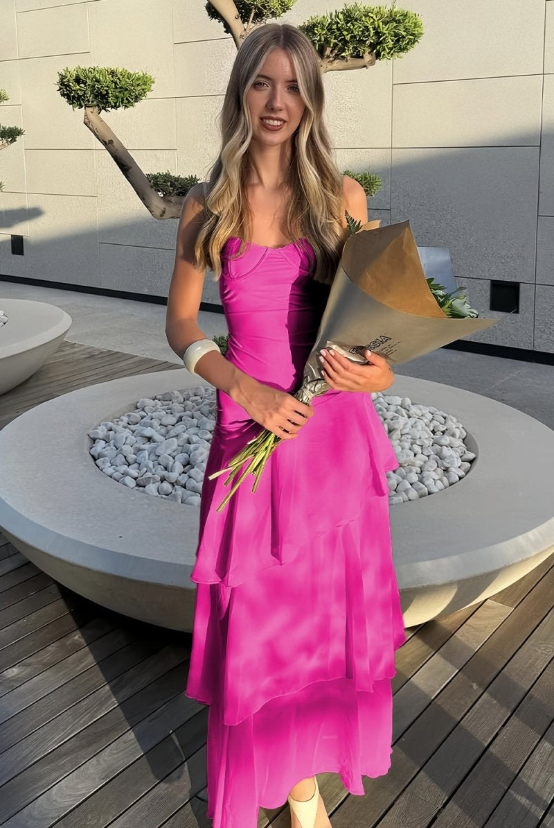 Saevy | Yellow - Spaghetti Straps Chiffon Sheath Long Formal Prom Dresses With Ruffles - KissProm