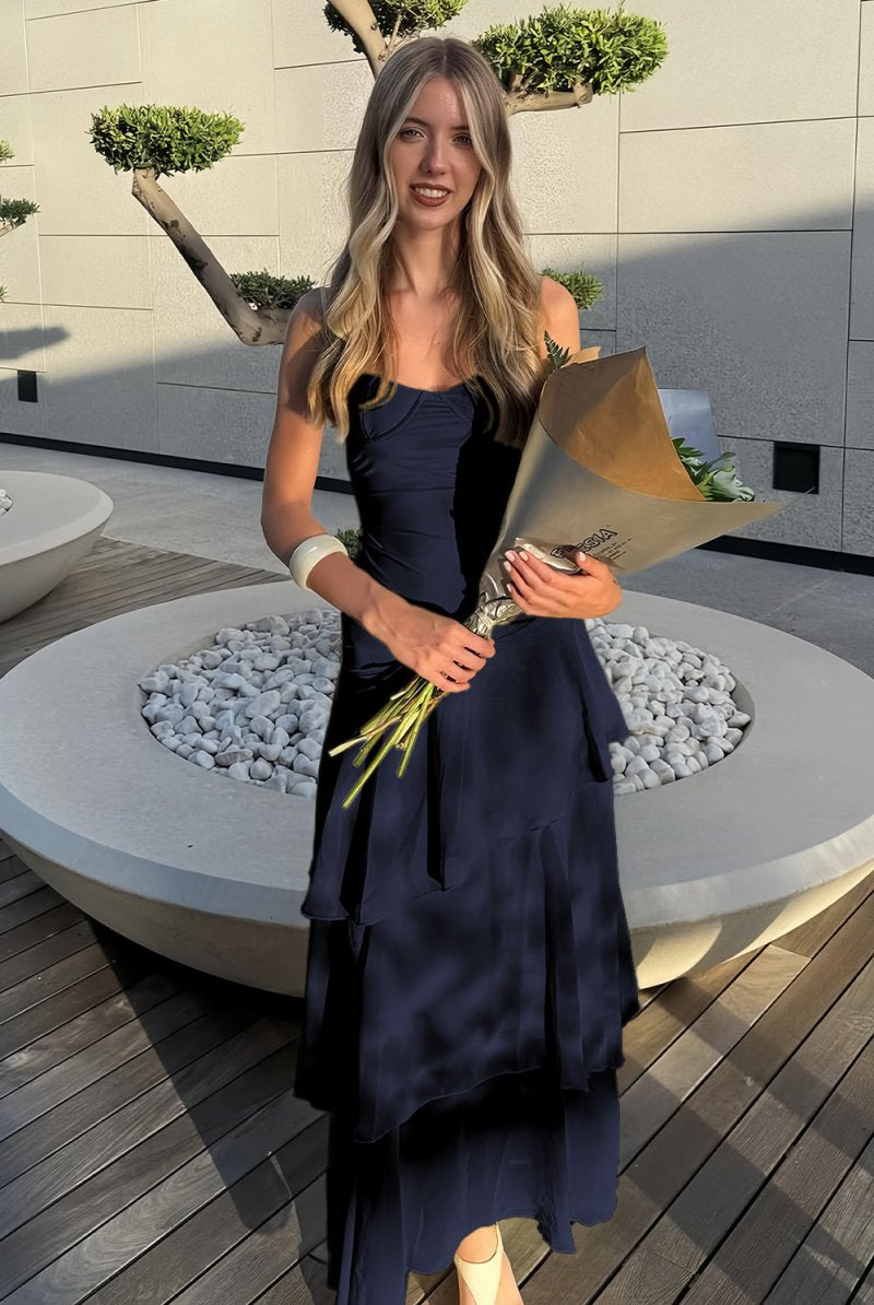 Saevy | Yellow - Spaghetti Straps Chiffon Sheath Long Formal Prom Dresses With Ruffles - KissProm