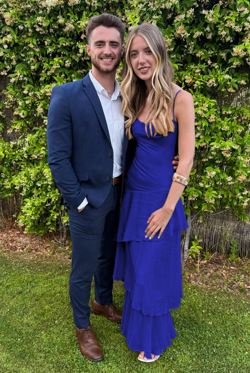 Saevy | Yellow - Spaghetti Straps Chiffon Sheath Long Formal Prom Dresses With Ruffles - KissProm