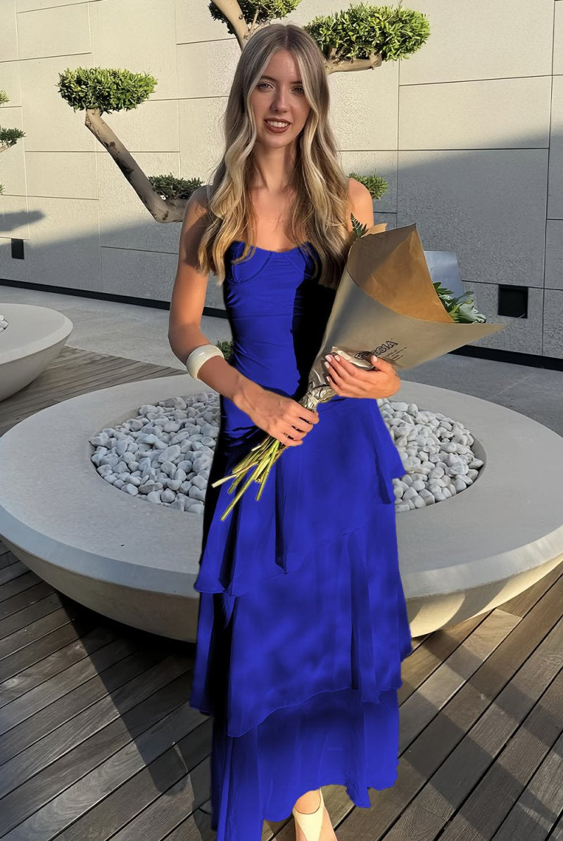 Saevy | Yellow - Spaghetti Straps Chiffon Sheath Long Formal Prom Dresses With Ruffles - KissProm